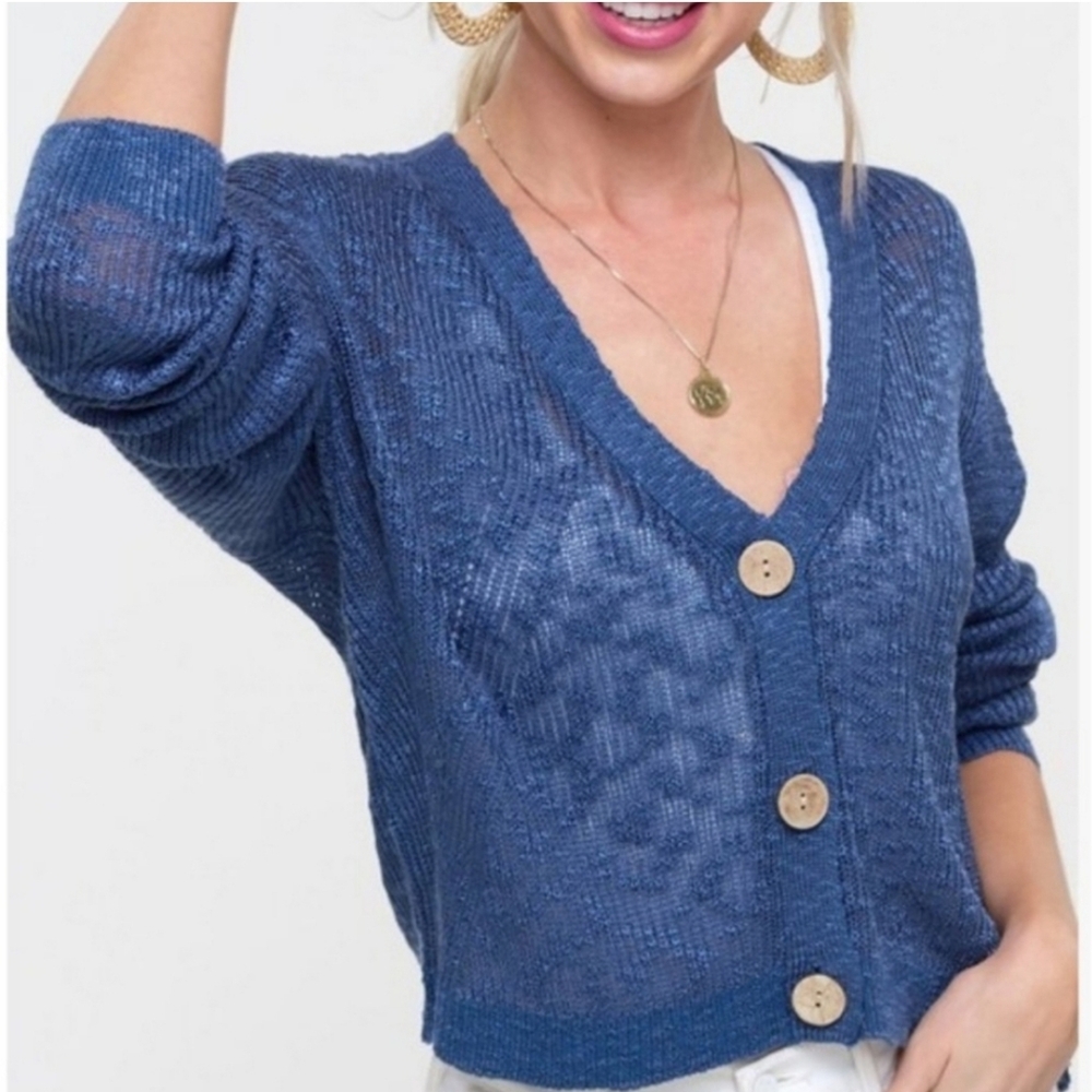 Hyped Unicorn by LA MIEL Blue Slouchy Light Weight Semi Sheer Cardigan Size M/L - Picture 4 of 7